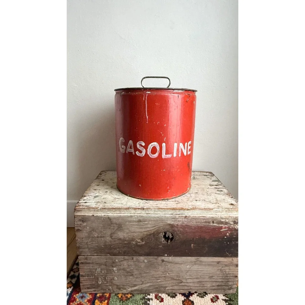 Vintage Red Metal Gasoline Can Rustic Industrial Storage Decor
